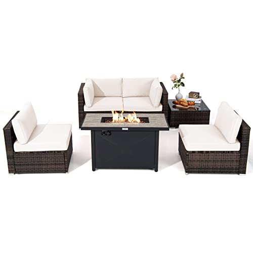 COSTWAY 6PCS Patio Furniture Set Rattan Cushioned Gas Fire Pit Table Off White