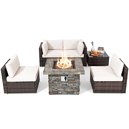 COSTWAY 6 PCS Patio Wicker Furniture Set 34.5" Fire Pit Table W/Cover Off White