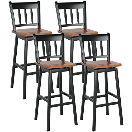 COSTWAY Bar Stools Set of 4, 30.5 Inch Solid Rubber Wood Bar Chairs with 360 ¡Swiveling, Footrest, Swivel Pub Height Barstools with Back Ideal for Kitchen Island, Counter, Pub(Set of 4, Black)