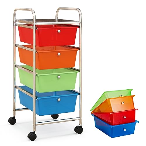 COSTWAY Rolling Storage Cart with 4 Drawers, Plastic Storage Cart and Organizer w/ 4 Removable Drawers, Multipurpose Organizer Cart for Home Scrapbook Paper Office School Tools (Rainbow)