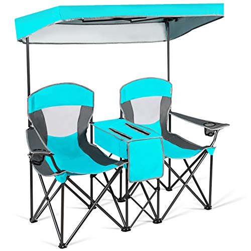 COSTWAY Portable Folding Camping Canopy Chairs w/Cup Holder Cooler Outdoor Turquoise