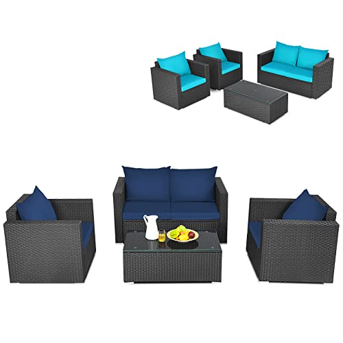 COSTWAY 4PCS Patio Rattan Furniture Set Cushioned Sofa Loveseat W/Navy & Turquoise Cover