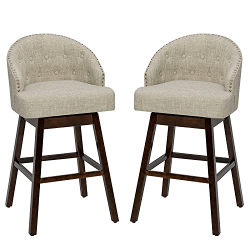 COSTWAY Bar Stools Set of 2, 31ÕÕ Swivel Bar Stools with Rubber Wood Legs & Padded Back, Breathable Linen Fabric, Stylish Tufted Design & Rivet Decoration, Adjustable Foot Pads (2, Beige + Brown)