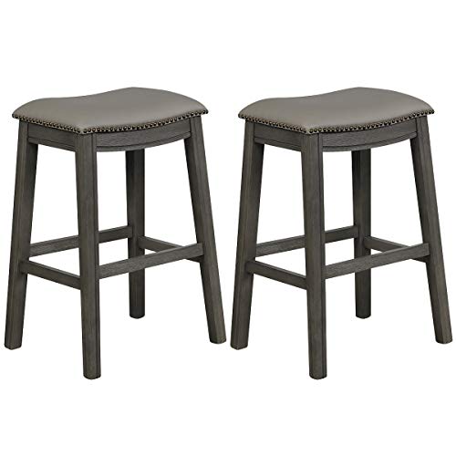 COSTWAY Bar Stools Set of 2, 29-Inch Height Backless Counter Stools with Footrest, Cushioned Seat, Sturdy Rubber Wood Structure, Easy Assembly Saddle Stools for Home Kitchen Living Room, Grey