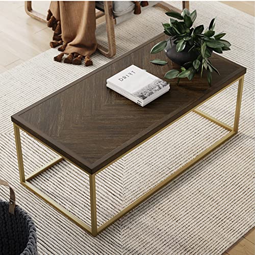 Nathan James Doxa Modern Industrial Coffee Table Wood in with Metal Rectangle Frame, Dark Brown/Gold, 22D x 44W x 17H in