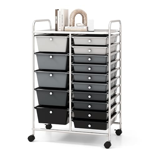 COSTWAY 15 Drawers Storage Cart, Multipurpose Rolling Utility Cart on Wheels w/Lockable Wheels & Removable Drawers, Mobile Tools Scrapbook Paper Organizer Cart for Office School Home, Mixed Black