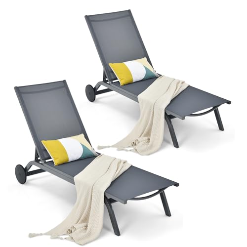 COSTWAY Outdoor Patio Chaise Lounge Set of 2,Ê6-Position Adjustable Lounge Recliner with Aluminum Frame, Portable Outdoor Sun Bathing Lounge Chair on Wheels for Patio Poolside Backyard Garden, Grey