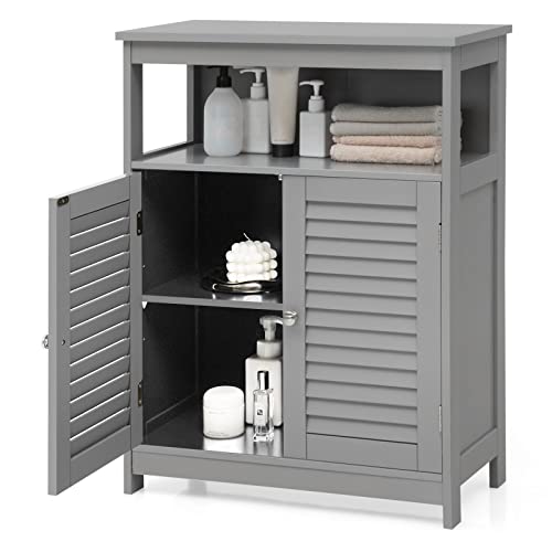 COSTWAY Bathroom Storage Cabinet, Wooden Side Storage Organizer with Louver Doors & Removable Shelf, Freestanding Floor Cabinet for Living Room, Kitchen, Entryway (Grey)