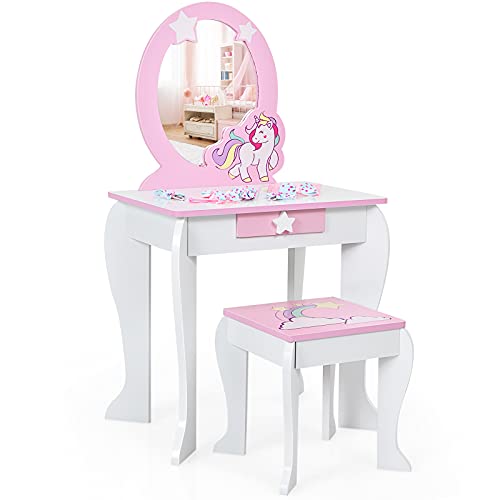 COSTWAY Wooden Kids Vanity Makeup Dressing Table Chair Set in White/Pink