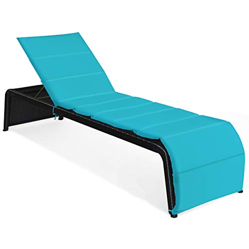 COSTWAY Patio Rattan Lounge Chair Cushioned Chaise Recliner Chair with Adjustable Back Garden Backyard Poolside Turquoise