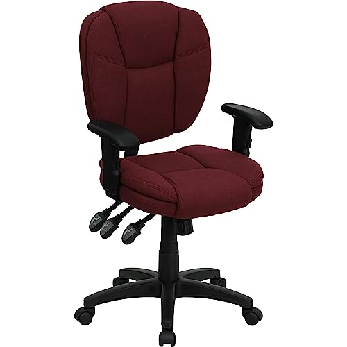 Flash Furniture Caroline Mid-Back Burgundy Fabric Multifunction Swivel Ergonomic Task Office Chair with Pillow Top Cushioning and Arms