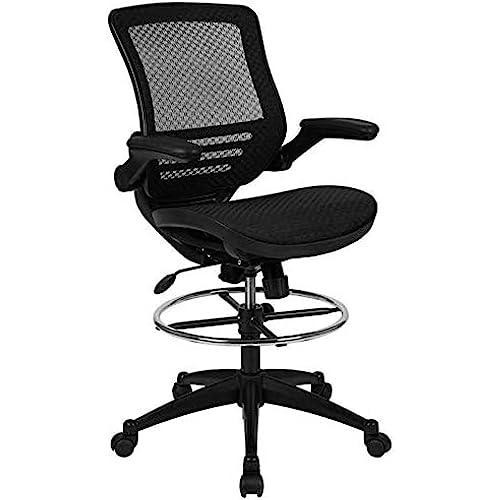 Flash Furniture Waylon Mid-Back Transparent Black Mesh Drafting Chair with Black Frame and Flip-Up Arms