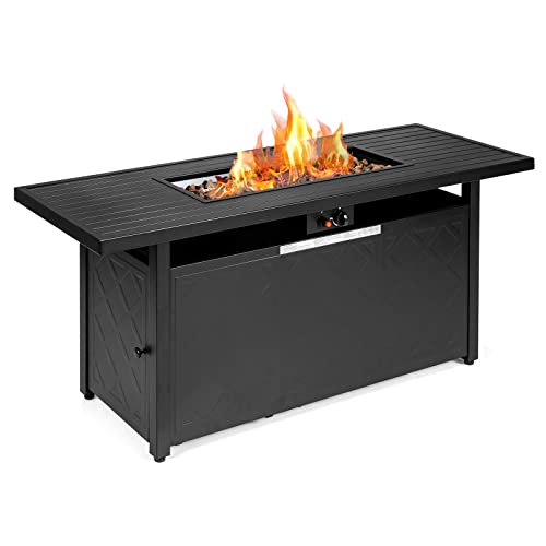 COSTWAY 57" Gas Fire Pit Table, Rectangular Outdoor Patio Propane Fire Table, 50000 BTU Auto-Ignition Propane Fire Pit with Lid and Lava Rocks, Suitable for Poolside, Garden, Balcony, Black