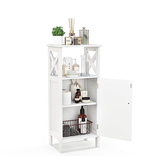 COSTWAY Bathroom Storage Cabinet, Freestanding Narrow Side Storage Organizer with Single Door and Adjustable Shelf, Modern Floor Cabinet for Bathroom, Living Room, Entryway