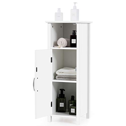 COSTWAY Bathroom Storage Cabinet, Freestanding Narrow Storage Organizer with Open Shelf & Adjustable Shelf, Small Slim Floor Cabinet for Bathroom, Living Room, Entryway, Office, White