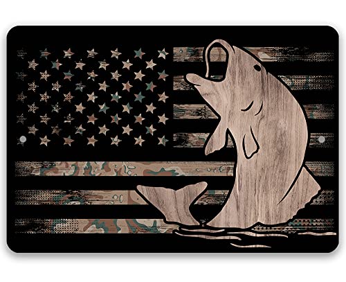 Camouflage American Flag Fishing - Patriotic Fishing Sign, Classic Metal Decoration for Home, Lake House Cabin and Outdoors, Great Gift for Fishermen, 8x12 Indoor/Outdoor Durable Metal Sign