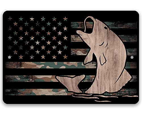 Camo Flag Fishing - Metal Sign - Durable Metal Sign - Use Indoor/Outdoor - Great Military Themed Gift for American Fishing Enthusiasts and Decor for Cabin and Man Cave (8" x 12")