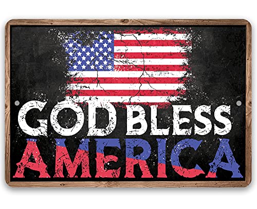 God Bless America - Flag - Chalkboard Style - Great Home and Office Patriotic Decoration, USA American Flag Rustic Sign, 4th of July Display and Christian Gift, 12x18 Indoor/Outdoor Durable Metal Sign