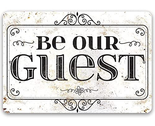 Be Our Guest - Rustic Farmhouse Bedroom Wall Accessories, Living Room Decorations, Above Bed Guest Room Display, Unique House Sign and Housewarming Gift, 12x18 Indoor/Outdoor Durable Metal Sign