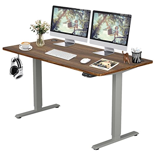 COSTWAY Dual Motor Electric Stand Up Desk, Height Adjustable Standing Desk w/Solid One-Piece Desktop & Memory Controller, Home Office Sit-to-Stand Computer Workstation (Gray + Walnut, 55''X28'')