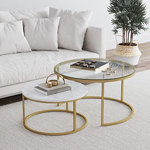 Nathan James Stella Round Modern Nesting Set of 2, Stacking Living Room Accent Tables with Wood, Glass or Faux Marble and Powder Coated Metal Frame, White/Gold