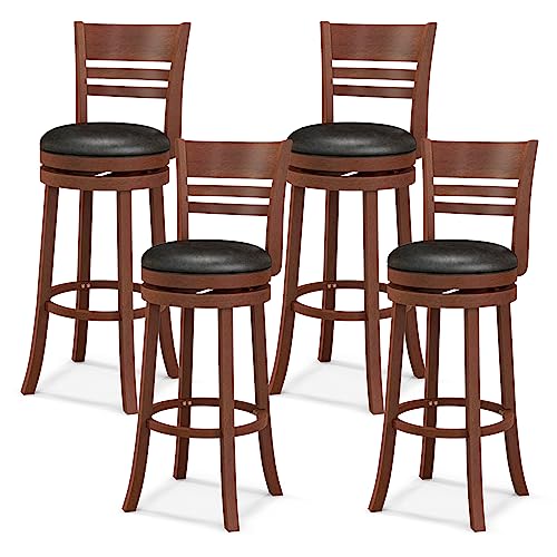 COSTWAY Bar Stools, 360-Degree Swivel Bar Chairs with PU Upholstered Seats, Solid Rubber Wood Backrests, Footrests & Legs, Bar Height Stools with Backs for Kitchen, Bar, Brown (4)