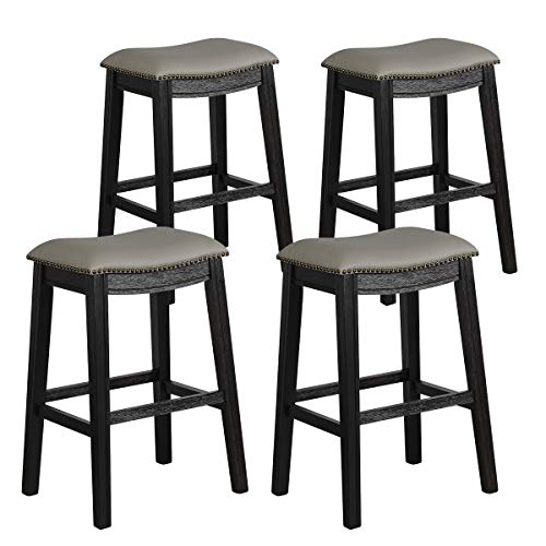 COSTWAY Bar Stools Set of 4, 29-Inch Height Backless Counter Stools with Footrest, Cushioned Seat, Sturdy Rubber Wood Structure, Easy Assembly Saddle Stools for Home Kitchen Living Room, Black+Grey