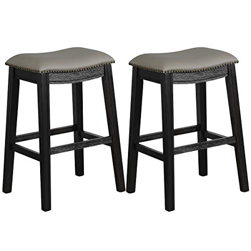 COSTWAY Bar Stools Set of 2, 29-Inch Height Backless Counter Stools with Footrest, Cushioned Seat, Sturdy Rubber Wood Structure, Easy Assembly Saddle Stools for Home Kitchen Living Room, Black+Grey