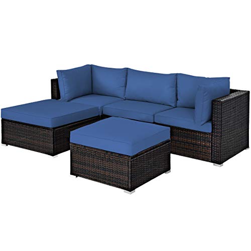 COSTWAY 5PCS Patio Rattan Furniture Set Sectional Conversation Set Ottoman Table Navy