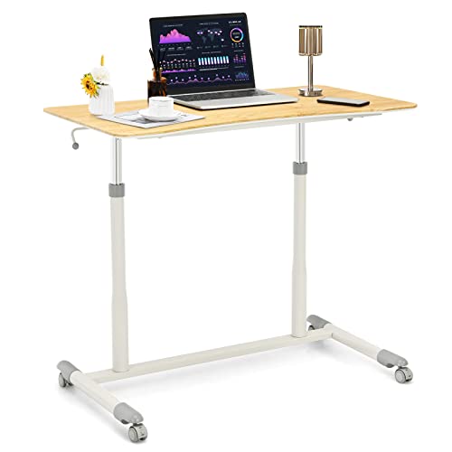 COSTWAY Mobile Height Adjustable Standing Desk, Compact Pneumatic Sit to Stand Computer Desk w/Lockable Casters, Ergonomic Rolling Laptop Table w/Steel Frame for Home Office (Natural)