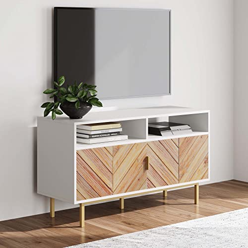 Nathan James Izsak Media Console, TV Stand, Entertainment Cabinet with Herringbone Doors and Cubby Storage in a Fir Wood Finish for Living, Dining Room or Entryway, Brown/White/Gold