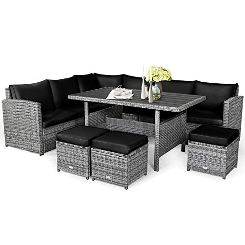 COSTWAY 7 PCS Patio Rattan Dining Set Sectional Sofa Couch Ottoman Garden Black