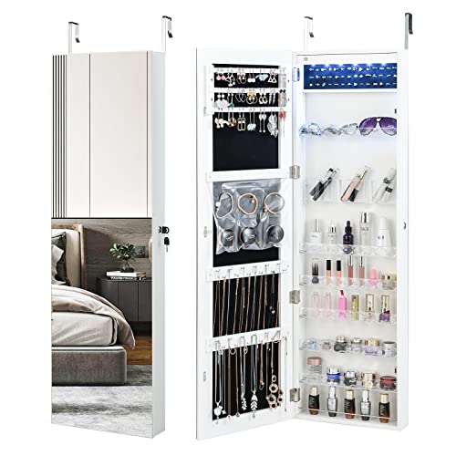 COSTWAY 6 LEDs Mirror Jewelry Cabinet, Wall Door Mounted Jewelry Storage Organizer with 47Ó Full-Length Mirror, Large Capacity Lockable Jewelry Armoire with Storage Shelves for Bedroom (White)