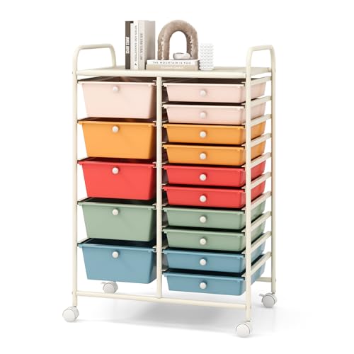 COSTWAY 15 Drawers Storage Cart, Multipurpose Rolling Utility Cart on Wheels w/Lockable Wheels & Removable Drawers, Mobile Tools Scrapbook Paper Organizer Cart for Office School Home, Macaron