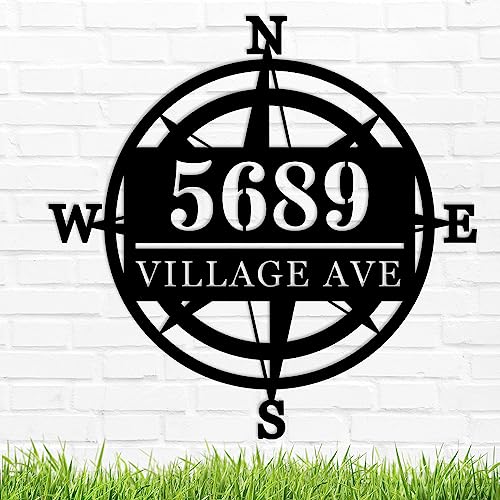 Custom Compass House Address Sign, House Address Plaque for Outside, Metal Address Number Sign, Home Number Sign