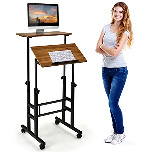 COSTWAY Mobile Standing Desk, Height Adjustable Rolling Laptop Cart w/Tilting Desktop for Standing or Sitting, Lockable Casters, Home Office Computer Workstation for Small Spaces (Brown)