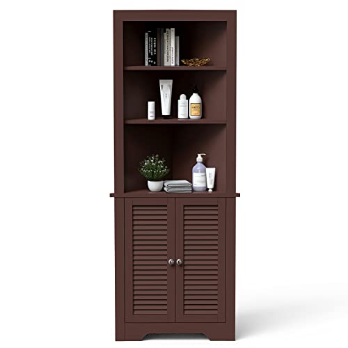 COSTWAY Tall Corner Cabinet, Wooden Freestanding Storage Cabinet with 3 Open Shelves & Doors, Large Capacity Storage Organizer for Bathroom Living Room Bedroom Kitchen (Espresso)