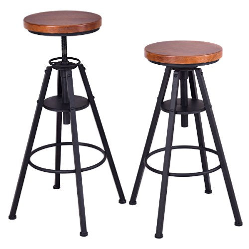 COSTWAY Bar Stools Set of 2 Height Adjustable Metal Frame Pub Vintage Industrial Indoor/Outdoor Round Chairs