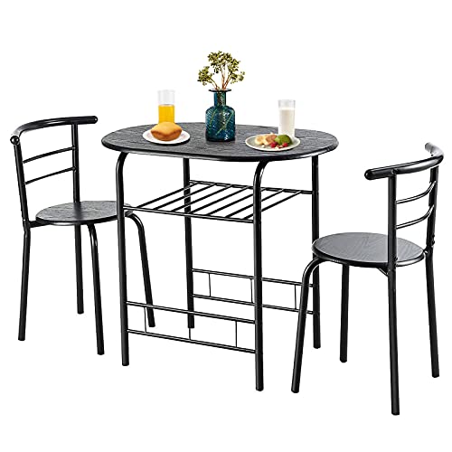 COSTWAY 3 Piece Dining Table Set for 2, Modern Round Table Set with 2 Stools, Pub Table and Chairs Dining Set with Built in Storage Layer, Space Saving for Kitchen, Apartment and Dining Room (Black)