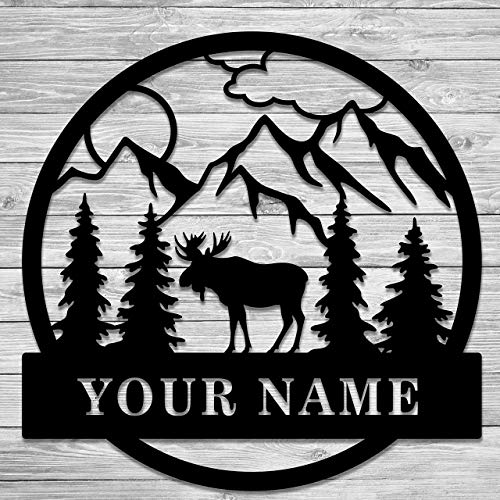 Mountain Moose Scene 2 sign Personalized Metal Monogram, Wedding Gift. Family Name Sign, Outdoor Name Sign, Anniversary, Last Name Sign,Front Door