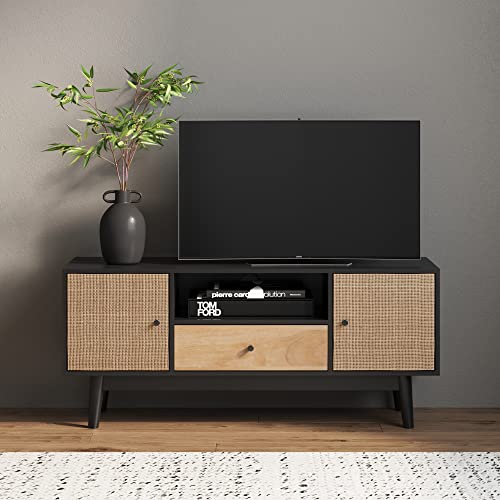 Nathan James Bonnie Modern TV Stand Entertainment Cabinet, Console with a Natural Wood Finish with Storage Doors for Living Media Room, with Drawer, Black Oak/Rattan