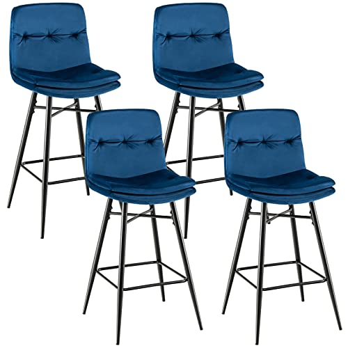 COSTWAY Bar Stools Set of 4, 28.5Ó Velvet Bar Height Chairs with Tufted Back, Metal Footrests and Legs, Modern Upholstered High Bar Chairs for Kitchen Counter, Home Bar, Kitchen Island (4, Blue)