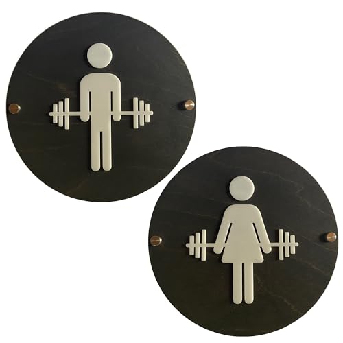 Gym Bathroom Locker Room Sign | CROSSFIT Womens Mens Unisex Barbell Yoga Restroom Signs | Modern Acrylic Shop Business Bathroom | Rustic Wood | 9 x 9 Inches | Priced Per Sign Not sold as a set