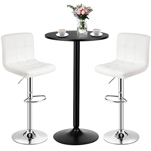 COSTWAY 3-Piece Bar Table Set, Round Cocktail Table and PU Leather Adjustable Swivel Chairs, Modern Counter Height Table Set with 2 Bar Stool for Kitchen, Office (White)