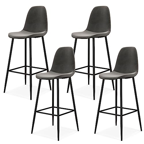 COSTWAY Bar Stools Set of 4, 29.5 Inch Soft Velvet Upholstered Bar Chairs with Backrests & Footrests, High Back Breakfast Bar Stools with Metal Legs for Kitchen Island, Pub, Grey (4, Grey)