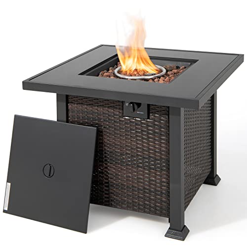 COSTWAY 32" Outdoor Fire Table, 50,000 BTU Propane Fire Pit Table w/Lid & Lava Rocks Rain Cover, Metal Patio Fireplace, Gas Firepit Table for Outside Yard Balcony Deck, Brown