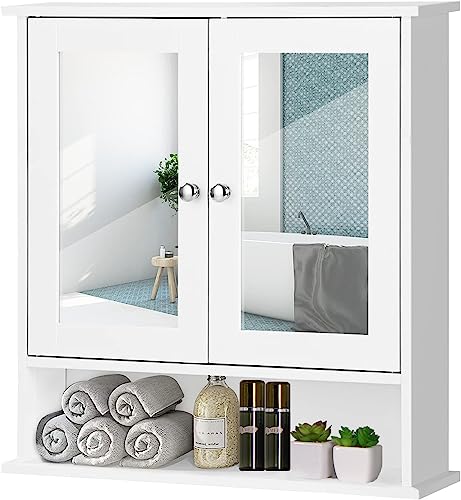 Cycodo White 2 Door Wooden Mirror Cabinets,Bathroom Mirrors for Over Sink with Storage,Medicine Cabinet with Mirror Wall Mounted,Bathroom Organizer Mirror Cabinet