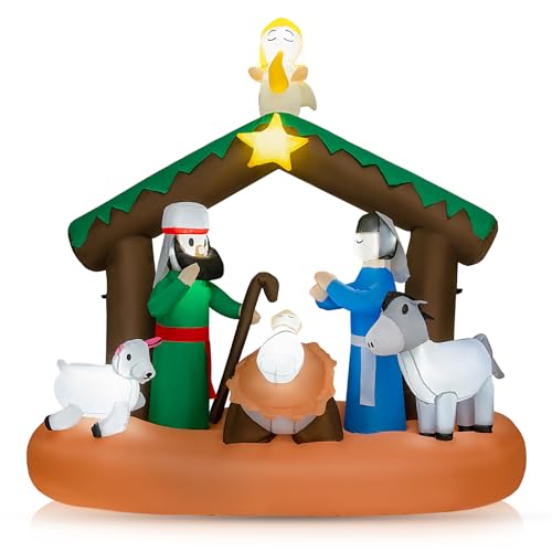 COSTWAY 6 FT Christmas Inflatable Nativity Scene Decoration, Blow-up Xmas Decoration w/The Birth of Jesus Scene, Built-in LED Lights