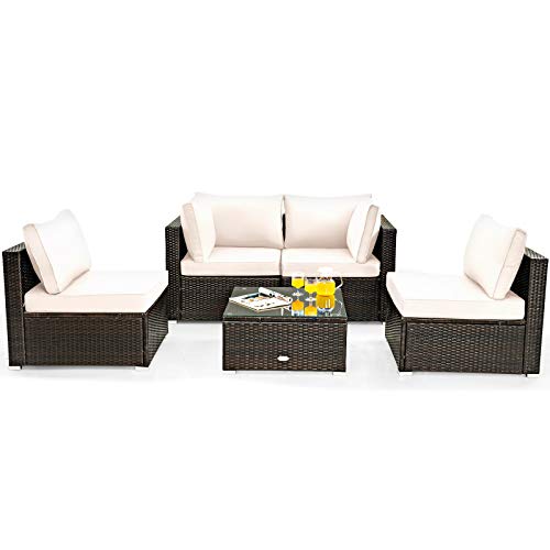 COSTWAY 5PCS Patio Rattan Furniture Set Cushioned Sofa Chair Coffee Table White