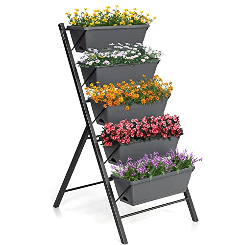 COSTWAY Vertical Raised Garden Bed, 5 Tier Planter Box with Drainage Holes for Vegetables, Grass, Flowers, Freestanding Garden Planter Indoor Outdoor, Patio, Balcony, Greenhouse